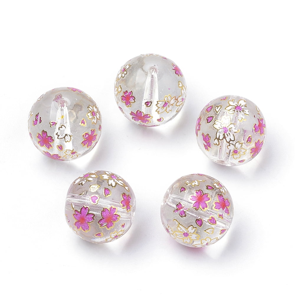 50pcs Printed Glass Beads Round with Flower Pattern Clear 11~12x11mm Hole: 1.5mm