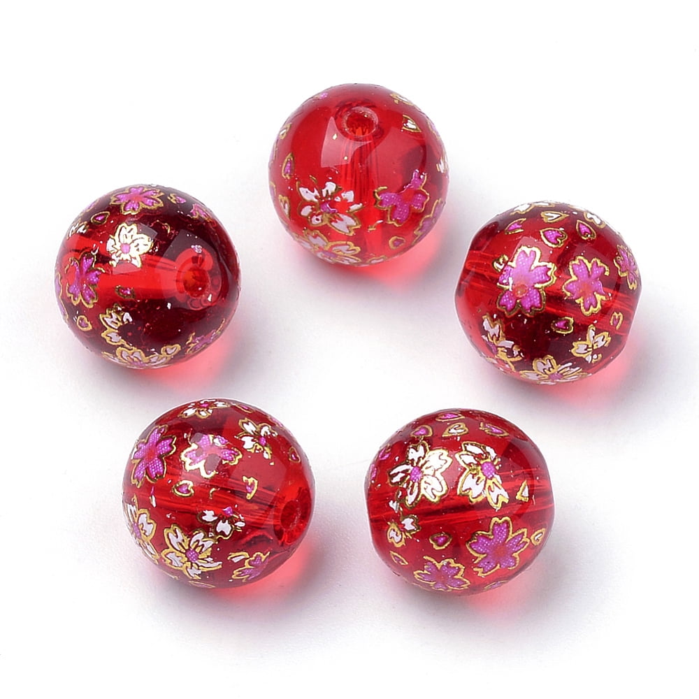 50pcs Printed Glass Beads Round with Flower Pattern Red 11~12x11mm Hole: 1.5mm