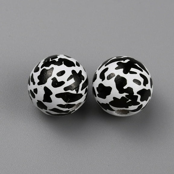50pcs Printed Wood Beads Animal Print Round Black Cow Pattern 15.5x14.5mm Hole: 3.5mm