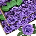 thumbnail image 1 of 50pcs Purple Foam Fake Rose with Stems 12 Leaves Real Looking Artificial Flowers Bright Purple Faux Roses for Wedding Bouquets Bridal Shower Centerpieces Arrangements Party Tables Decorations DIY, 1 of 11