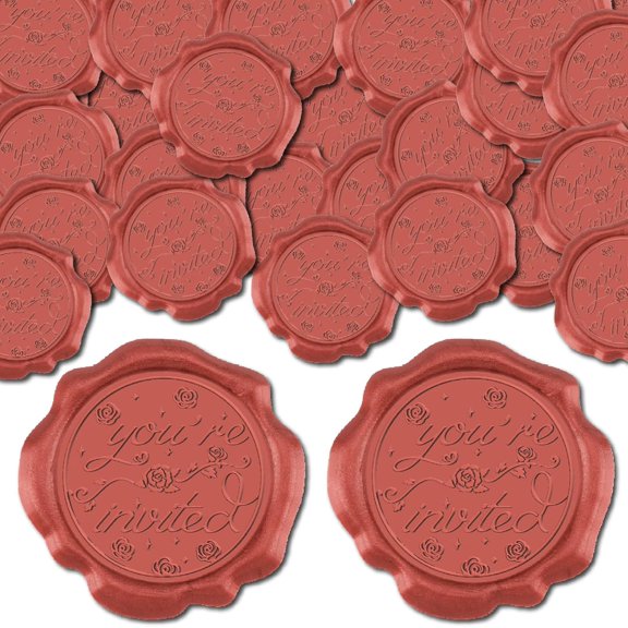 50pcs Red You're Invited Wax Seal Stickers Rose Vintage Adhesive Envelope Sealing Stickers for Wedding Invitations Scrapbook Craft & DIY Projects 1box