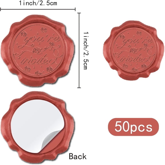 50pcs Red You're Invited Wax Seal Stickers Rose Vintage Adhesive Envelope Sealing Stickers for Wedding Invitations Scrapbook Craft & DIY Projects
