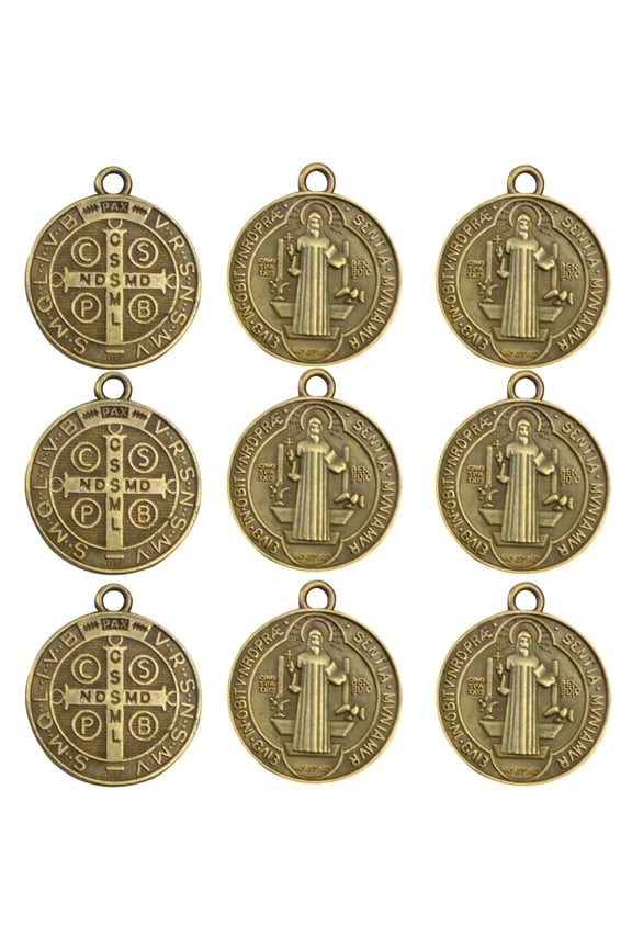 50pcs Religious St. Benedict Medals Charms Retro Alloy Antique Bronze Double-Sided Round Cross Saint Jesus Dangle Pendants for DIY Necklace Bracelet Craft Supplies Gifts