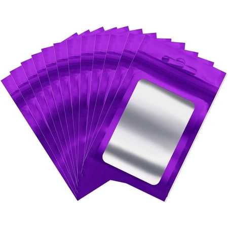 50pcs Resealable Small Mylar Ziplock Bags with Clear Window, Aluminum Foil Sample Pouches, Reusable Flat Mylar Bag with Color Packaging for Food Storage (Violet, 3.1"x5.1")