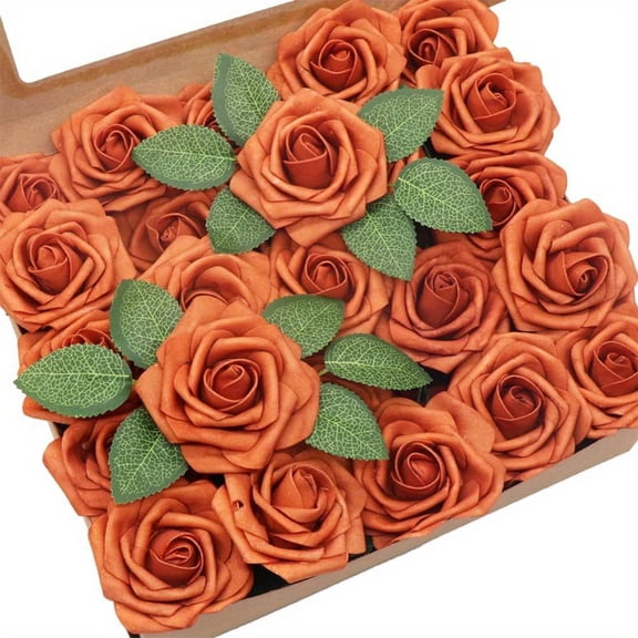 50pcs Retro Burnt Orange Artificial Roses Flowers with stem Real Looking Fake Roses DIY for Wedding Arrangements Bouquets Bridal Baby Shower Floral Arrangements Party Home Office Table Decors