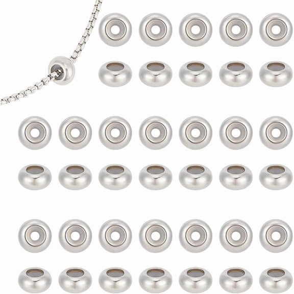 50pcs Rondelle Stopper Beads with Rubber Inside Metal Loose Beads 2mm Hole Stainless Steel Bead Spacers