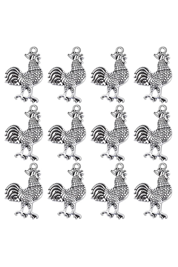 50pcs Rooster Cock Chicken Charms Vintage Alloy Chicken Farm Animal Rooster Shape Dangle Pendants for DIY Bracelets Necklaces Jewelry Making FindingsAntique Silver
