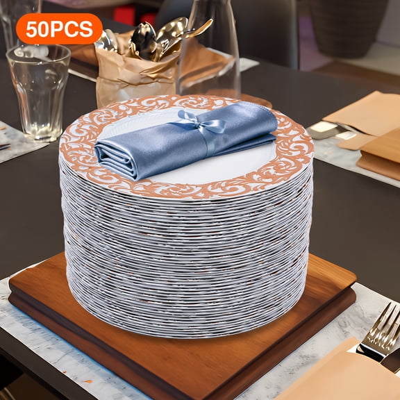50pcs Rose Gold Plastic 36cm Western Dim Sum Plate Embossed Decorative Plate Round Saucer