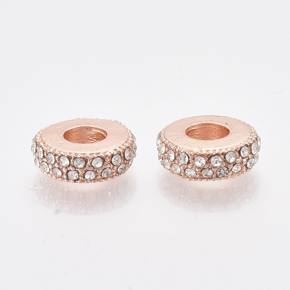 50pcs Rose golden Plated Alloy European Beads with Rhinestones Large Hole Beads Flat Round 11x3.5mm Hole: 4.5mm