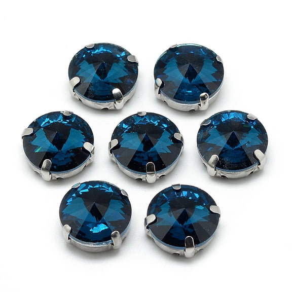50pcs Sew on Rhinestone Multi-strand Links Glass Rhinestone with Brass Prong Settings Garments Accessories Faceted Flat Round Teal 9x6.3mm Hole: 0.8~1mm