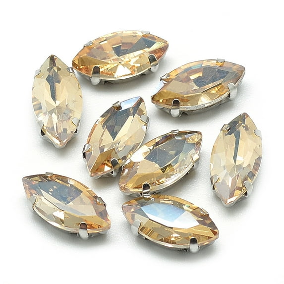 50pcs Sew on Rhinestone Multi-strand Links Glass Rhinestone with Platinum Tone Brass Prong Settings Garments Accessories Faceted Horse Eye Pale Goldenrod 15x7x5mm Hole: 0.8~1mm