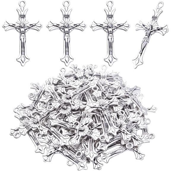 50pcs Silver Cross Charms Tibetan Style Alloy Jesus Crucifix Religious Crosses Pendants Jewelry Making Accessory for DIY Necklace Earrings Bracelet Crafts Supplies, 37 mm x 21.5 mm