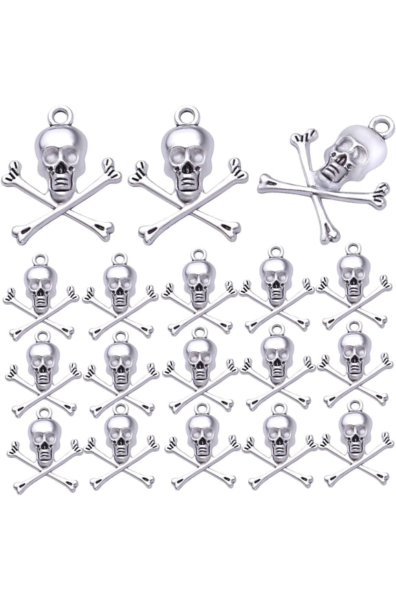 50pcs Skeleton Skull Charms Tibetan Alloy Skull Head Pendants Halloween Theme Charms Jewelry Making Accessories for DIY Necklace Bracelet Earrings Crafts, Antique Silver, 23.5 mm x 19.5 mm