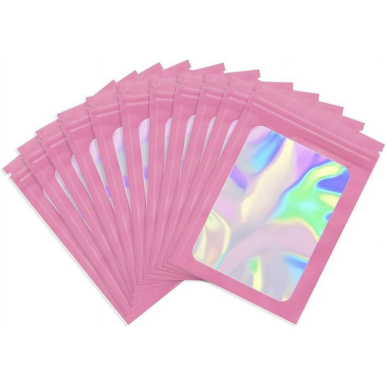 50pcs Small Pink Ziplock bags with Clear Window Reusable Foil Sample Bags Resealable Holographic Mylar Bags Clear Pink Pouches for Food Storage