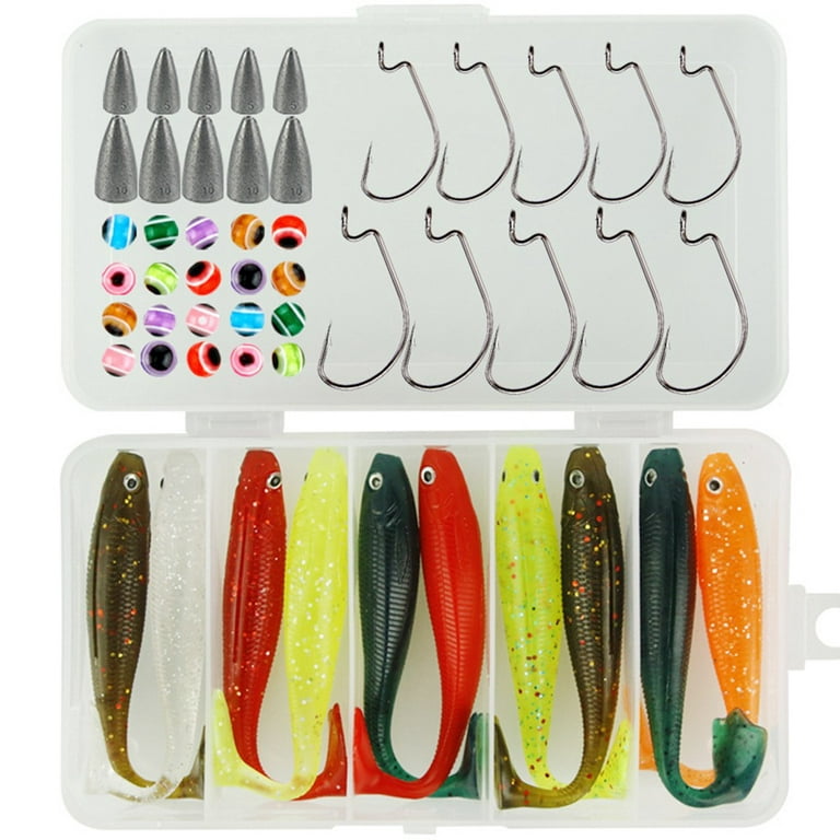 50pcs Soft Fishing Lure Kit Jig Head Hook Artificial T Tail Bait with  Tackle Box