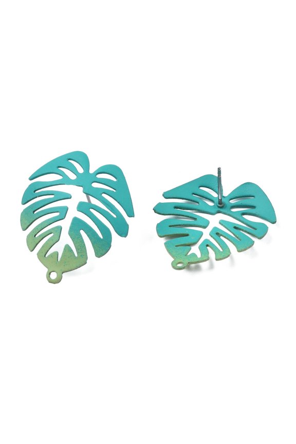 50pcs Spray Painted Iron Stud Earring Findings with Horizontal Loops Monstera Leaf Dark Turquoise 28.5x24mm Hole: 1.4mm Pin: 0.7mm for DIY