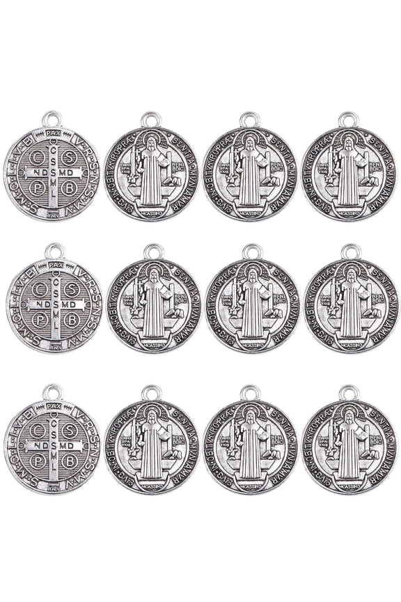 50pcs St Benedict Medals Metal Saint Pendants Double Sided Religious Cross Protection Charms for Women Men Necklace Bracelet Jewelry Making Gifts,Antique Silver Color
