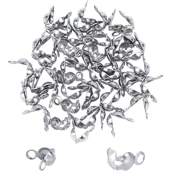 50pcs Stainless Steel Bead Tips 2mm Hole Calotte Ends Clamshell Knot Cover Bead End Terminators Crimp Cap Fold Over 6.8x8.5mm