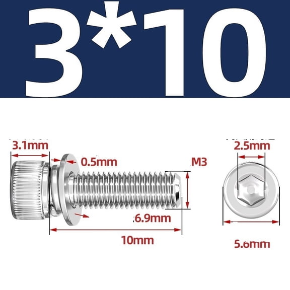 50pcs Stainless Steel Hexagonal Screws with Cylindrical Head and Flat Spring Washers - M3/M4 Combination Set for DIY and Repairs