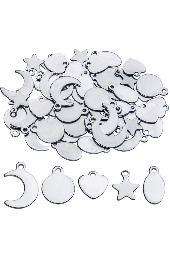 50pcs Stainless Steel Tag Pendants Charms Blank Stamping Flat Mixed Shapes Metal Tag Pendants for Bracelet Necklace Earring DIY Jewelry Making