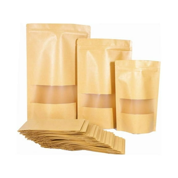 50pcs Stand up Kraft Paper Bags with Frosted Window, Zip Lock , Resealable Sealing Food Pouches with Tear Notch for Storing Cookie, Dried Foods, Snack, etc. (3.94x5.91inch+1.18)
