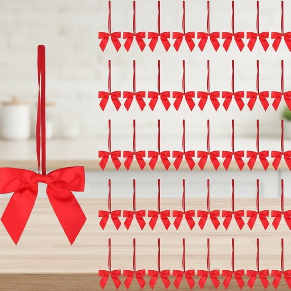 50pcs Stretch Elastic Loops with Pre-Tied Red Ribbon Bows for Gift Wrapping, Weddings, Christmas Boxes