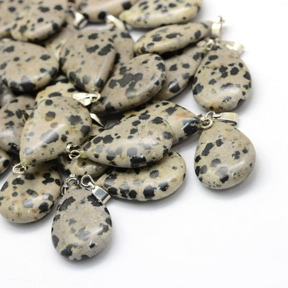 50pcs Teardrop Natural Dalmatian Jasper Pendants with Platinum Tone Brass Findings 25~29x16~17x5~6mm Hole: 2x7mm