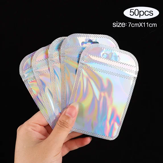 50pcs Thicken Resealable OPP Bags Laser Iridescent Bag Clear Storage Bag White Bag with Hang Hole for DIY Jewelry Making 7X11CM 50PCS
