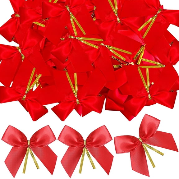 50pcs Tiny Red Ribbons Bows Satin Ribbon Bowknot with Golden Twist Ties Sewing Craft Ornaments for DIY Gift Wrapping Wedding Birthday Christmas Party Scrapbooking Decors