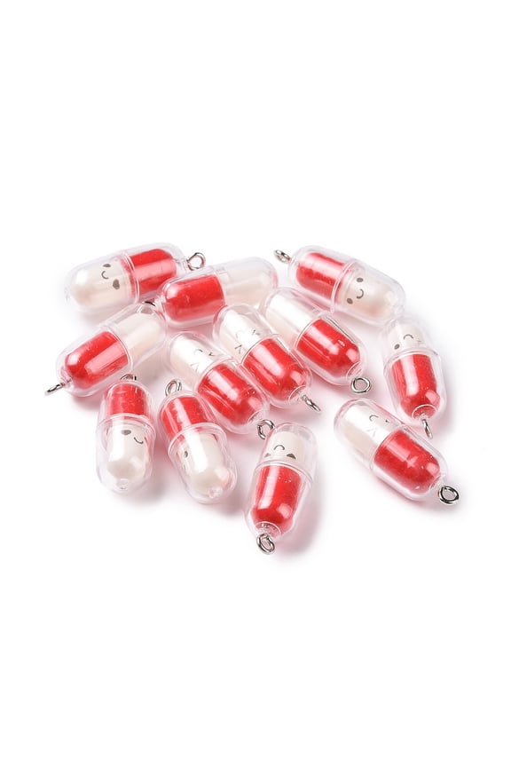50pcs Translucent Plastic Pendants Pill Capsule Charm with Tone Iron Loops Red 29x10.5mm Hole: 2mm