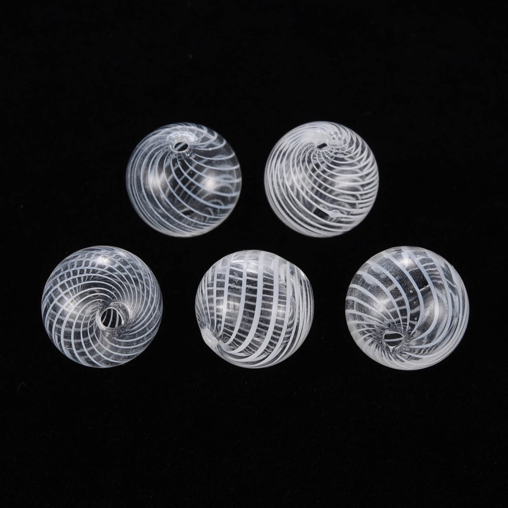 50pcs Transparent Handmade Blown Glass Globe Beads Stripe Pattern Round White 12.5~13.5mm Hole: 1.2~2mm