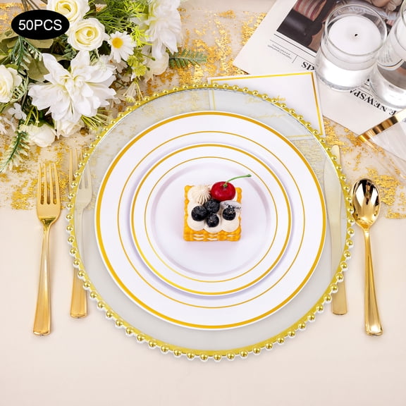 50pcs Transparent PS 33cm Disposable Plate Gold Edge Spill-Proof Tray Banquet Decorative Fruit Plate