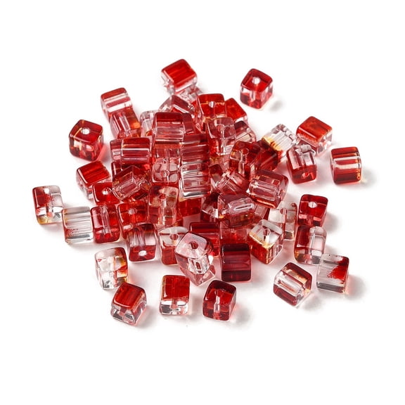 50pcs Two Tone Transparent Glass Beads Cube FireBrick 6x6x7mm Hole: 1.4mm