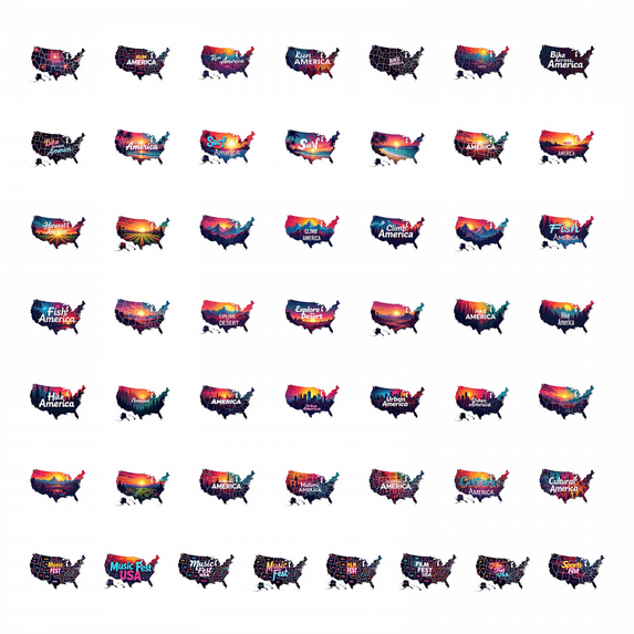 50pcs USA Map Sunset Landscape Stickers Stationery Decals Travel Theme Adventure All Aboard Stickers Laptop Water Bottle Phone Bicycle Toy Sticker Set