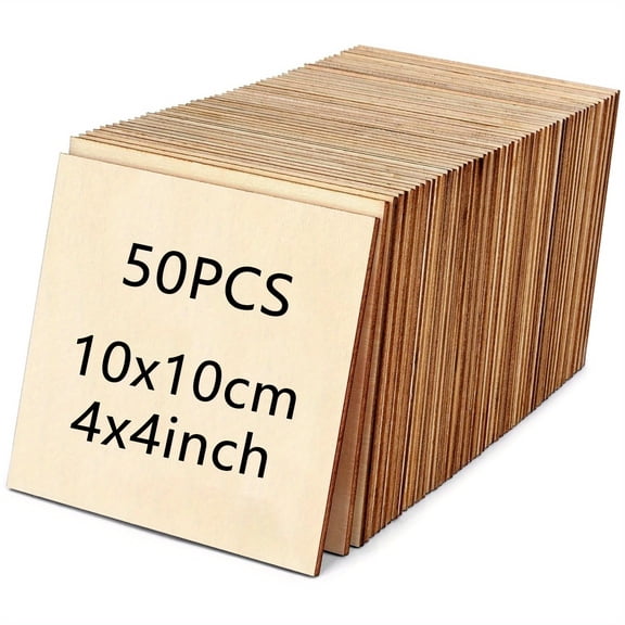 50pcs Unfinished Square Wood Boards 4x4 Inch, Thin Plywood Craft Wood for Laser Cutting, Wood Burning, Painting & Staining, Blank Wood Slices DIY Handmade Gift Supplies & Home Decor Projects