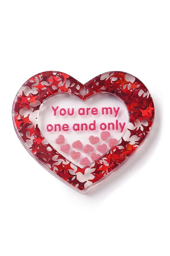 50pcs Valentine's Day Printed Opaque Acrylic Pendants Heart with Word You Are My One And Only with Paillette Red 34.5x39.5x5mm Hole: 2mm