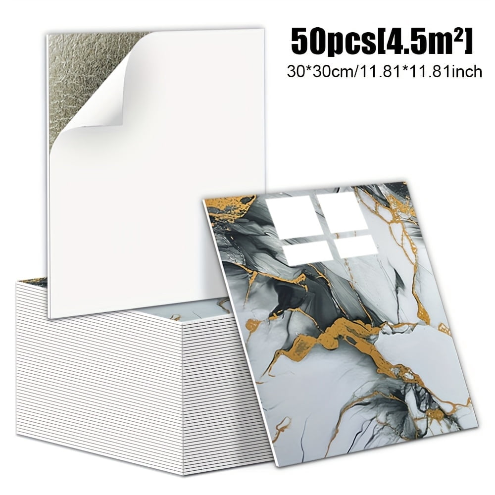 50pcs Waterproof Self-Adhesive Marble Tile Stickers, 11.8" x 11.8" Peel and Stick Backsplash Wall Tiles for Bathroom & Kitchen, Black Gold / Platinum Marble Design, Waterproof DIY Wall Panels