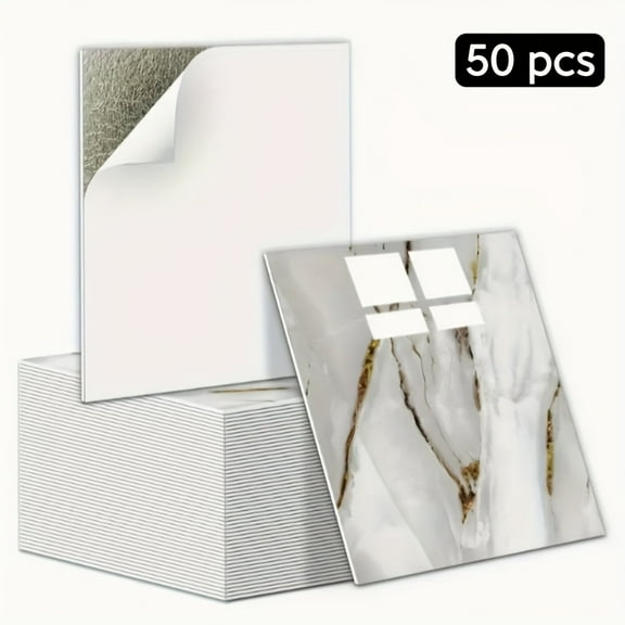 50pcs Waterproof Self-Adhesive Marble Tile Stickers, 11.8" x 11.8" Peel and Stick Backsplash Wall Tiles for Bathroom & Kitchen, Black Gold / Platinum Marble Design, Waterproof DIY Wall Panels