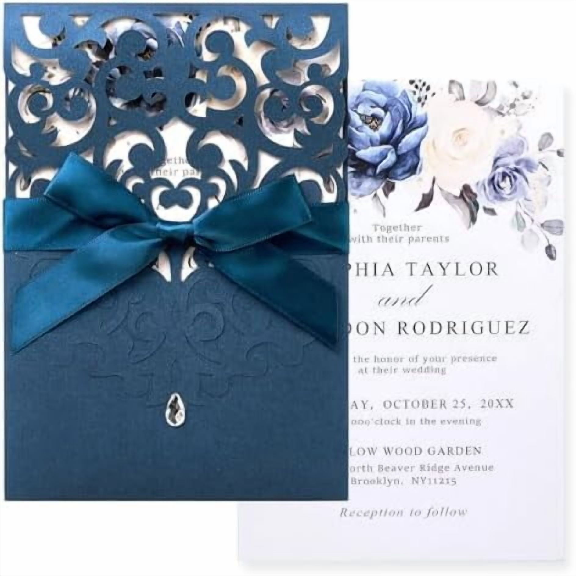 50pcs Wedding Invitation Kit, Navy Blue Laser Cut Invitations with  Envelopes and Rsvp Cards Ribbons for Wedding Baby Bridal Shower Anniversary  ..., image size:1888x1888