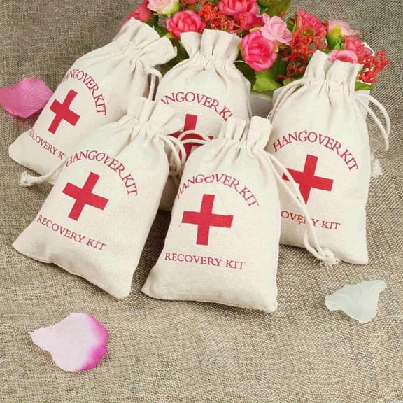50pcs Wedding & Party Hangover Kits, Emergency Pouches with Red Cross Drawstring & Hemp Cord, Reusable Sobriety Recovery Bags for Bachelor/Bachelorette Party Favors, Bridesmaid Gifts, Guest Supplies
