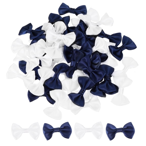 50pcs White & Dark Blue Bow Ties 1.5" x 1" Mini Bowknot for DIY Sewing Scrapbooking Wedding Gift Home Decoration