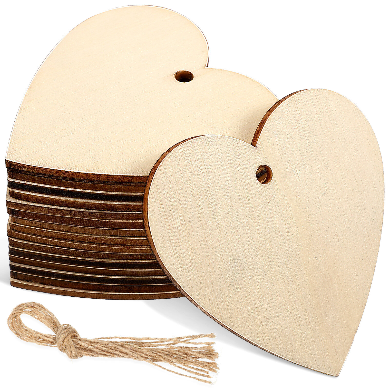 50pcs Wooden Hearts Paintable Wood Cutouts Unfinished Wood Heart Crafts  Hanging Pendants with Ropes 