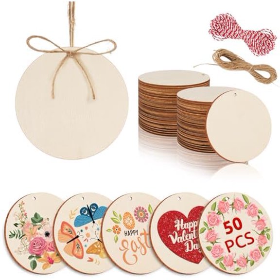 50pcs Wooden Ornaments for Crafts 3.5" Unfinished DIY Wooden Ornaments, Predrilled Wood Slices Circles for Crafts Paint Holiday Hanging Decorations