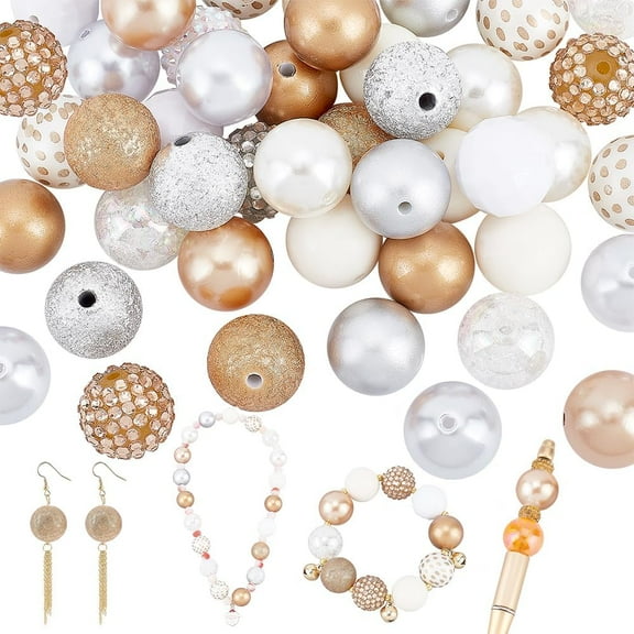 50pcs golden Bubblegum Beads 20mm Chunky Beads Silver Acrylic Beads Large Rhinestone Pearl Beads Loose Beads for Wedding Christmas Garland Jewelry Bracelet Necklace Pen bag Chain Making