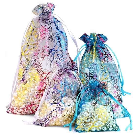 50pcs/lot 7x9cm 9x12cm 10x15cm 13x18cm Colorful Organza Bags Favor Gift Bags Jewelry Packaging Bags Wedding Drawstring Pouches mix white blue 7x9cm