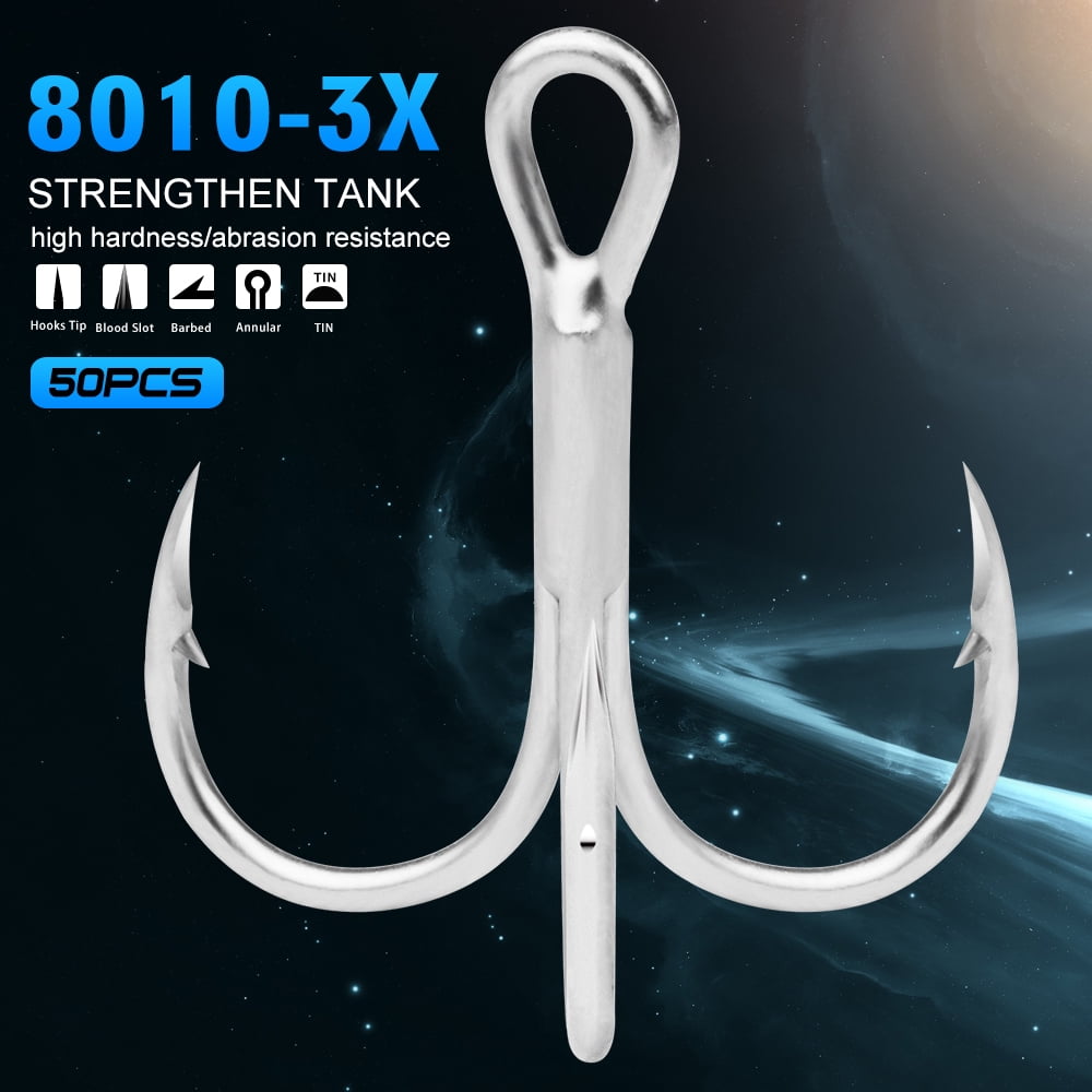 50pcs/lot Saltwater Fishing Hook Matte Tin Treble Hooks 2/0#-1/0#-1#-2#-4#-6#-8# High-Carbon Steel High Strength 3X Hooks
