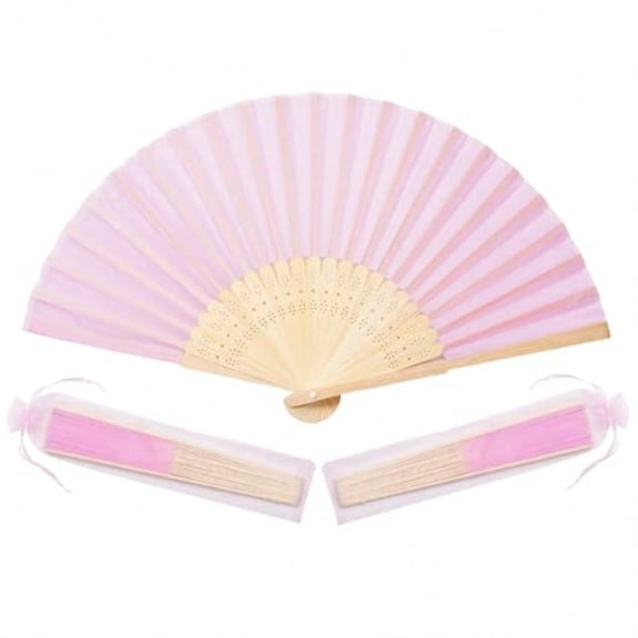 50pcs pink Imitated Silk Fabric Bamboo Folded Hand Fan Bridal Dancing Props Church Wedding party favors with Organza Bags