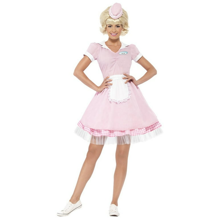 50s Diner Girl Costume Pink Dress Mini Hat