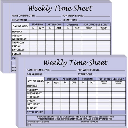 50set Employee Weekly Time Sheets Weekly Format 2 Part Carbonless 5.5 x 8.26 Inch