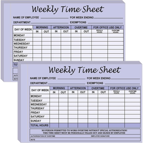 50set Employee Weekly Time Sheets Weekly Format 2 Part Carbonless 5.5 x 8.26 Inch